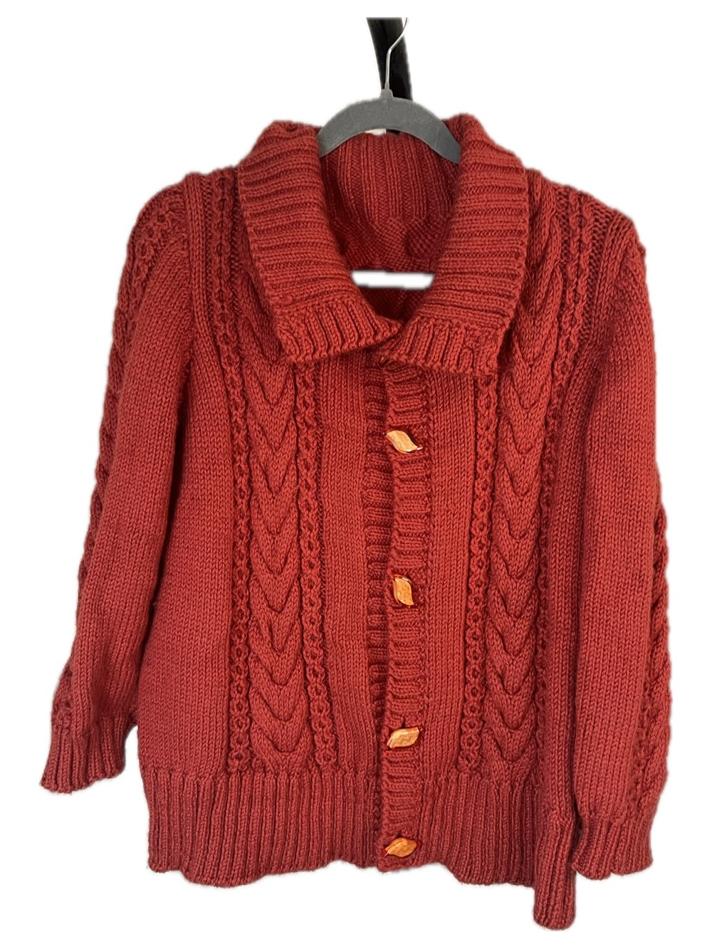 Vintage Red Hand Knit Wool Heavy Cable Knit Shawl Collar Cardigan Sweater